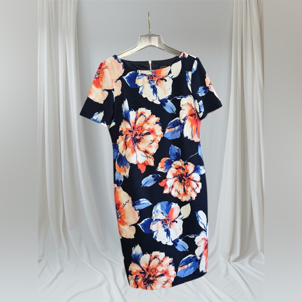Tahari Floral Print Midi Dress in Navy and Coral